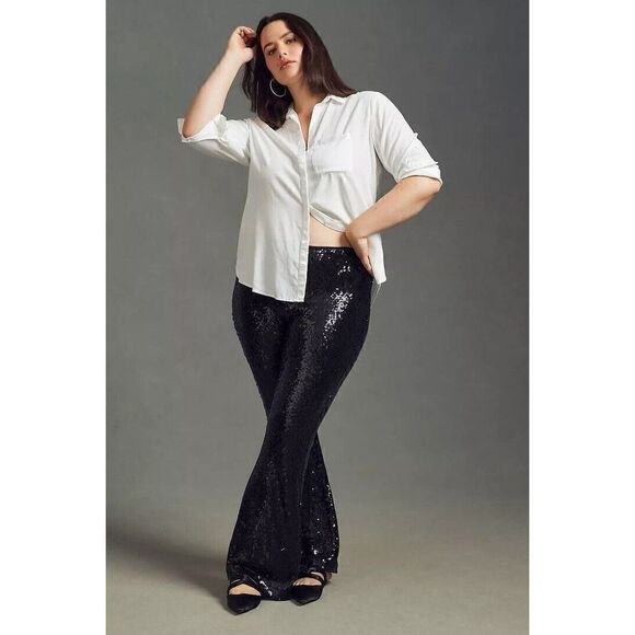 Anthropologie Joni Sequin Flare Pants Black Cocktail Party Sparkle US 4 NWT - Picture 8 of 11
